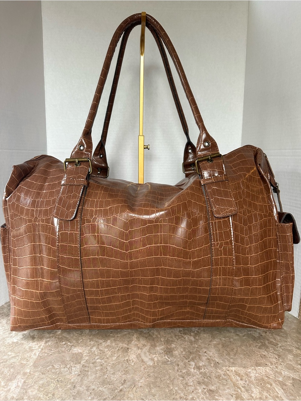 Glossy Cognac Brown Crocodile Print Oversized Duffle Travel Gym Bag Vacation